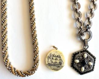 3 Vintage Necklaces: Carved Bone, Heavy Chain & Pendant
Lot #: 137