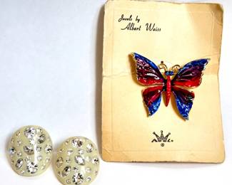 Vintage Robert Weiss Enamel Butterfly Pin & Weiss Rhinestone Clip-On Earrings
Lot #: 114
