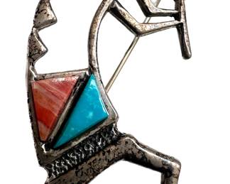 Vintage Sterling Silver: Kokopelli Coral & Turquoise Pin, Navajo Bookmark With Turquoise & Pin With 2 Charmss
Lot #: 29