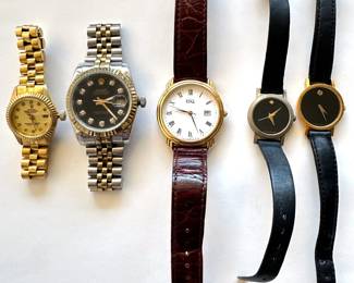 5 Watches: 2 Movado Museum Swiss Quartz, ESQ Esquire & 2 Fake Rolex
Lot #: 79