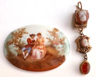Vintage Hand Painted Courting Couple Porcelain Disc & Double Cameo Pendant By Lula
Lot #: 112