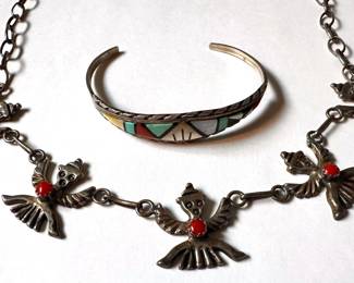 Vintage Silver JRB Zuni, New Mexico Cuff Bracelet With Natural Stones & Native American Necklace
Lot #: 31