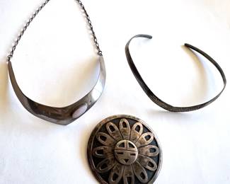 2 Vintage Mexican Sterling Silver Choker Necklaces, 1 With Natural Stone & Large Mexican Pendant/pin
Lot #: 109