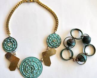 Vintage Copper Bracelet & Metal Necklace With Rhinestones
Lot #: 123