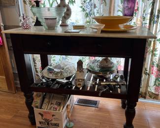 Marble Top Table (marble is cracked), Wine Items, Fiesta Platter,