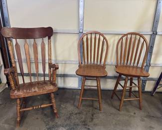 Wooden Rocker, 2 Swivel Bar Stools'