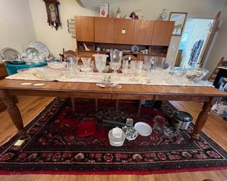Large Dining Room Table, Glassware, MCM # Section Wall Unit, (rug is sold)