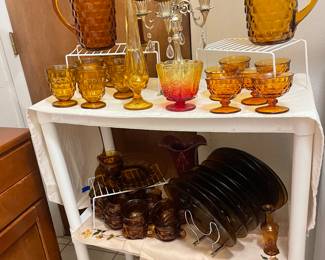 Vintage Mid Century Whitehall Colony Cube Amber Drinking Glasses, & Pitcher, Amber snack set, Italian gold tone candelabra crystal & Amber globes