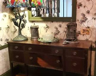 Server, Large leaded glass lamp, 2 Antique Tea/coffee pots