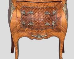 20th C Marble Top Inlaid Wood Bombe Chest two Drawer Fancy Ormolu Hardware
