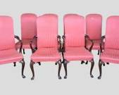 8 Vintage Queen Anne Style Wood andSilk Upholstered Dining Chairs
