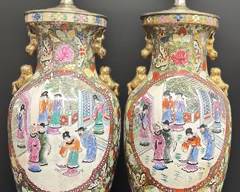 Pair Of Chinese Export Porcelain Famille Rose Medallion Table Lamps On Wood Bases
