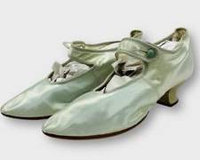 Antique Victorian Green Satin Heels, Elegant Mary Jane Style, Classic Design.Size 6
