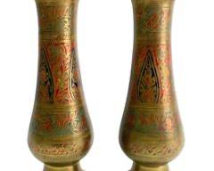 Pair Decoratively Etched and Enameled Brass Vases Moroccan/Arabian
