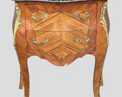 20th C Marble Top Inlaid Wood Bombe Chest two drawer fancy Ormolu Hardware

