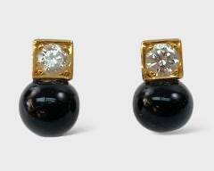 Fine 14K Yellow Gold Gold 4.5 mm Diamond & Black Onyx Pierced Screw Back Earrings
