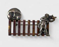 Fine Sterling Silver Monkey Playing Fiddle To The Moon Mixed Metal Pin Brooch
