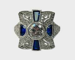 Fine Art Deco Style Sterling Silver Ring Blue Gemstone Statement Ring Size 8
