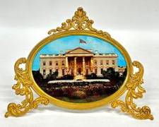 Fancy Antique White House Souvenir Reverse Print on Glass w/MOP Columns Gilt Metal Frame
