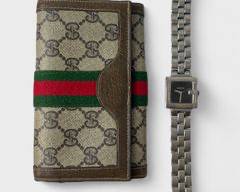 Gucci Lot! Vintage GUCCI GG Sherry Line Wallet W/ GUCCI Stainless Steel Quartz Wriswwtch
