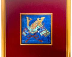 Vintage Japanese Glazed Pottery Samurai Helmet Scene Glazed Tile Framed
