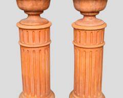 Pair Fantastic 38.5" Tall 2 Piece Terra Cotta Urns on Fluted Display Columns - Use as Urns or as Pedestals or Combine Together
