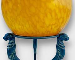 Vintage Art Deco Glass Globe On Metal Stand held up by figural lions
