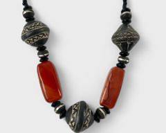 Vintage Tribal Agate, Carved Wood Beaded 20 Inch Necklace
