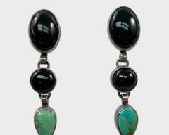 Fine Sterling Silver Onyx & Turquoise Pierced Drop Earrings
