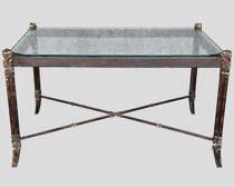 Vintage Glass and Metal X Base Coffee Table with Leather Accents Faux Bamboo and Rattan Legs
