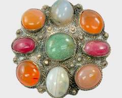 Antique Silver Alloy Agate Multi Colored Gemstone Statement Brooch Pin Tribal
