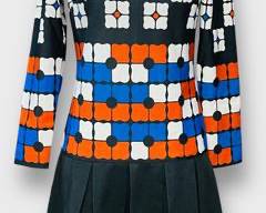 Vintage 60s Mod Dress With Bold Geometric Print And A Chic Turtleneck. Black Skirt And Sleeves. Retro Style. Size S/
