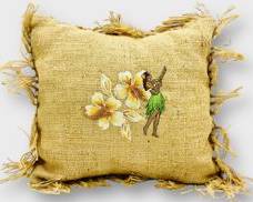 Vintage Burlap Embroidered Accent Pillow Featuring A Hula Dancer W A Lei And Hibiscus Flowers- Rustic Charm For Your Home.
