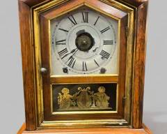 Antique Seth Thomas Cathedral Style Mechanical Mantle Clock Glass front paint decorated Putti Lyre

