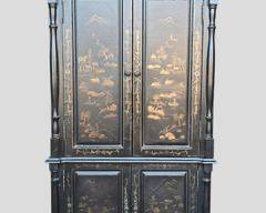 20th C Fantastic Chinoiserie Hand Painted Four Door Tall 76.5" Cabinet
