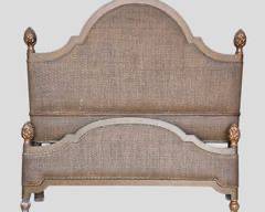 Vintage Wood and Rattan Bed Frame with Hand Carved Finials and rails
