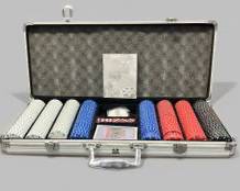 Excalibur World Series of Poker Metal Case with a empty pack of Cards, Set of Chips and a dealer chip

