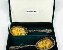 Godinger Silverplated High Relief Strawberry Spoons in green velvet box
