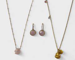 2 Satya Gold Tone Rose Quartz Necklaces & Sterling Silver Pierced Earrings
