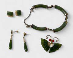Asian Jade Gold Tone Link Bracelet, Butterfly Pin, Enamel Earrings
