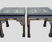 Pair of Asian Lacquer Carved Hard Wood Figures Gilt Paint Accent Side Tables
