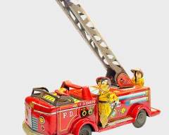 Rare Japanese Tin Toy Fire Engine with Ladder Friction Tin Litho

