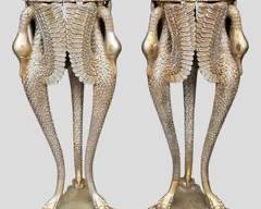 Pair Fantastic Tall Egyptian Revival Figural Carved Figural Crane or Swan Leg Display Stands Ball and Claw Foot Egg and Dart Molding Faux Marble Tops Hollywood Regency style
