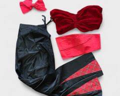 Holiday Hostess Outfit Velvet Bandeaux Top, Black Silk Pants W/ Peekaboo Red Inset, Red Cummerbund & Bow tie
