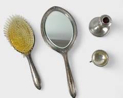 688 Grams Fine Sterling Silver Weighted Vanity Brush, Candle Holder & 22 Grams Salt Cellar
