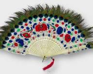 Exquisite Antique Victorian Hand-Painted Peacock Feather Fan, Vibrant Floral Artwork.
