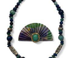 Multicolor Beaded Statement Necklace and Signed Saler 88 Fan Broche
