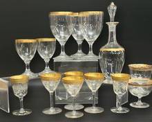 Fine Moser Style Guilt Rim Crystal Goblet Glasses and Decanter w/Stopper
