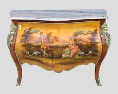 Stunning 20th C Marble Top Hand Painted Bombe Chests Fancy Ormolu Hardware
