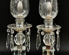 Pair Of Art Deco Cut Crystal Glass Hurricane Lamps With Drop Dangle
